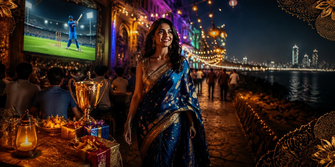 Night market scene showing cricket-themed betting promotions in India
